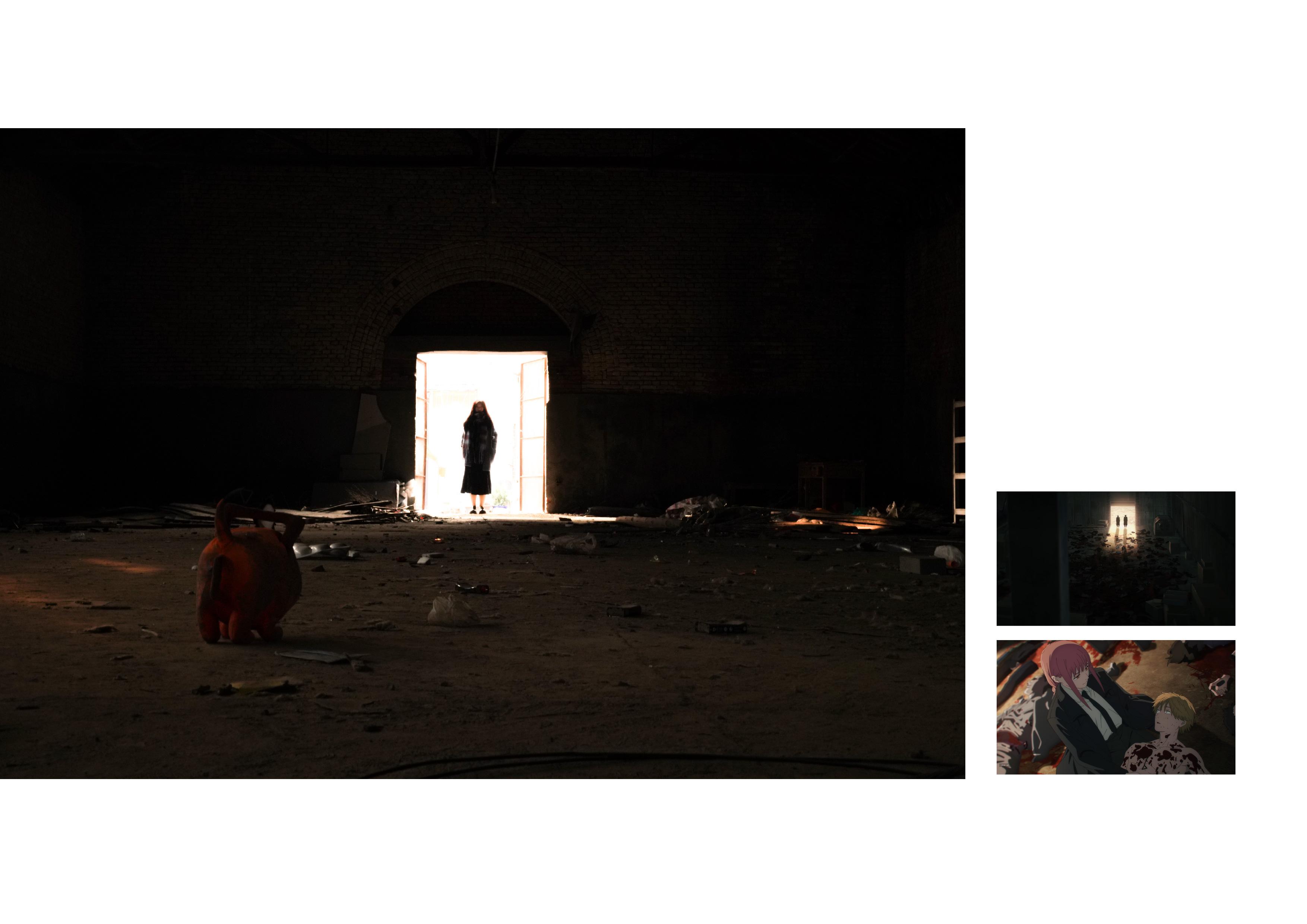 Anime reference still of figures framed by a bright doorway