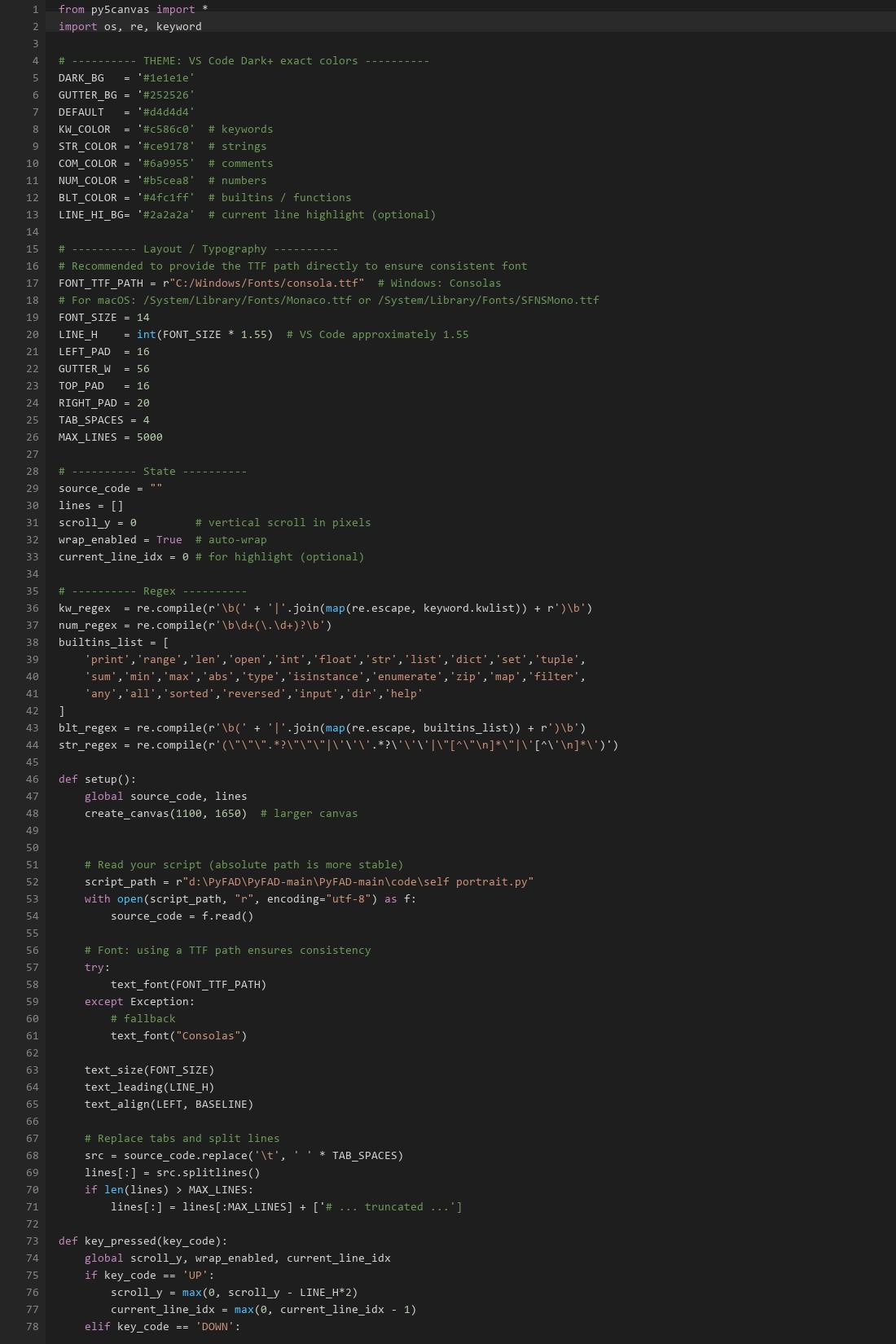 Detail of the work showing syntax highlighting, indentation and repeated lines of source code
